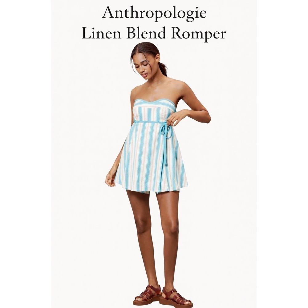 Anthropologie Blue Striped Linen Blend Romper - Picture 1 of 12